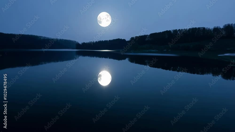 Poster The full moon is illuminating the night sky, casting a magical reflection on the surface of a tranquil lake surrounded by a serene forest