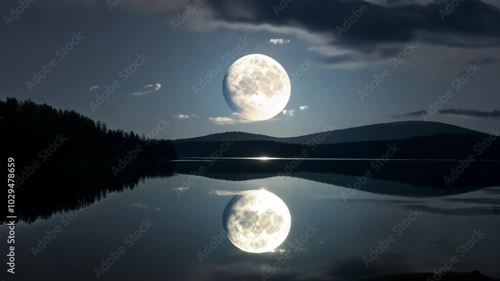 Aufkleber Serene night with a bright full moon reflecting on a calm lake, creating a beautiful natural scene with tree silhouettes in the forest. Enjoy the tranquil beauty of nature under the summer sky