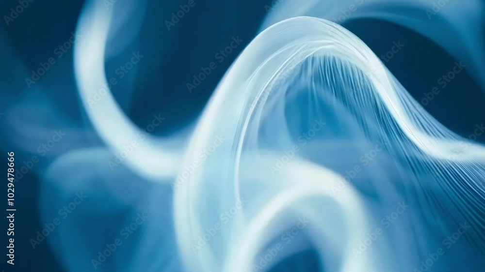 Poster Flowing blue and white light trails blend on a dark background, creating movement and energy. Dynamic patterns and textures evoke a modern, futuristic style with a vibrant glow