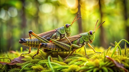 Fototapeta premium Pair of grasshoppers in the wild forest