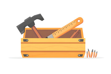 a carpenter&rsquo;s toolbox with a hammer, saw, and nails, isolated on a white background