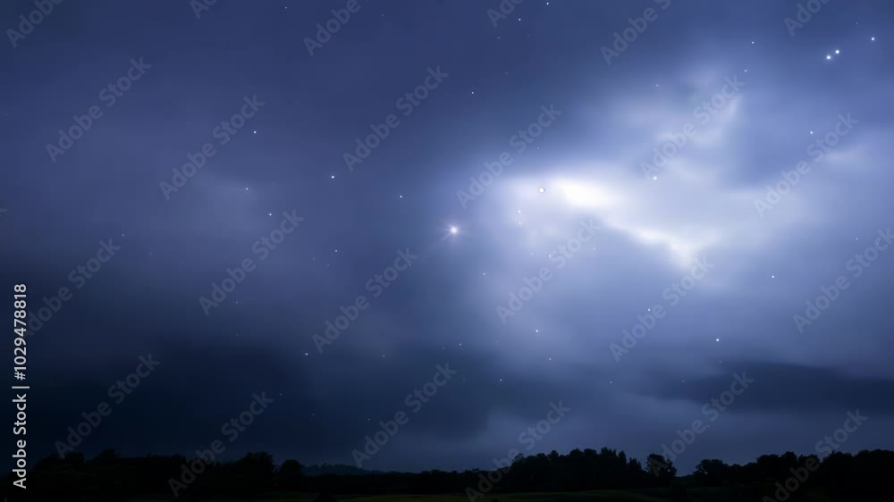 Poster Night falls with stars twinkling through dark storm clouds over trees at twilight, creating a dramatic scene. Sky filled with power and danger of approaching storm, moonlight adds peaceful glow