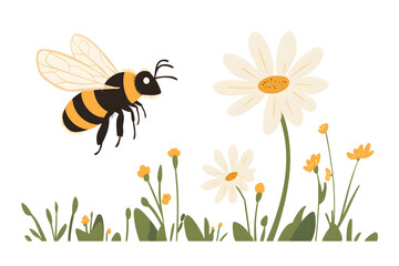 a bumblebee flying near a flower, with small wings buzzing, isolated on a white background 