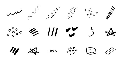 Set of trendy doodle and abstract random icons on isolated background. Big element collection, unusual organic shapes in freehand style.