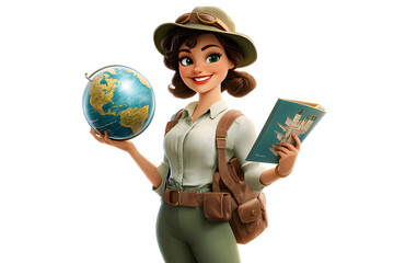 illustration of a travel agent holding a globe and a brochure, isolated on a white background