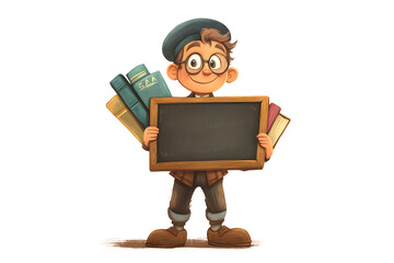 illustration of a teacher holding a chalkboard and a stack of books, isolated on a white background