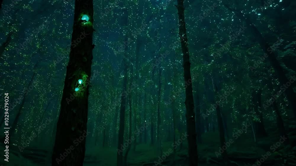 Poster thonds of fireflies are illuminating a mysterious forest with their bioluminescence. this magical sc