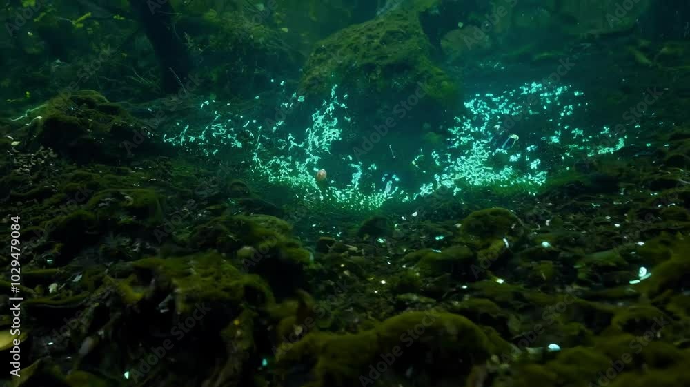 Poster exploring a mysterious cave reveals glowing bioluminescent algae underwater, casting magical light a