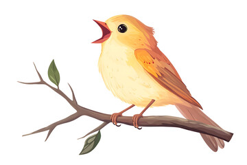 illustration of a small bird sitting on a branch, singing, isolated on a white background