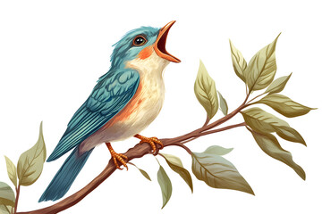illustration of a small bird sitting on a branch, singing, isolated on a white background