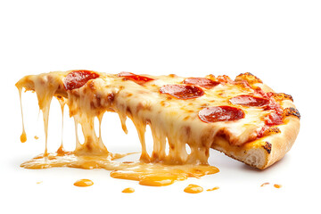 illustration of a slice of pizza with melting cheese and pepperoni, isolated on a white background 