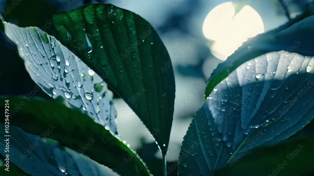 Poster vibrant green leaves glistening with fresh rain drops are illuminated by a bright sunbeam creating a