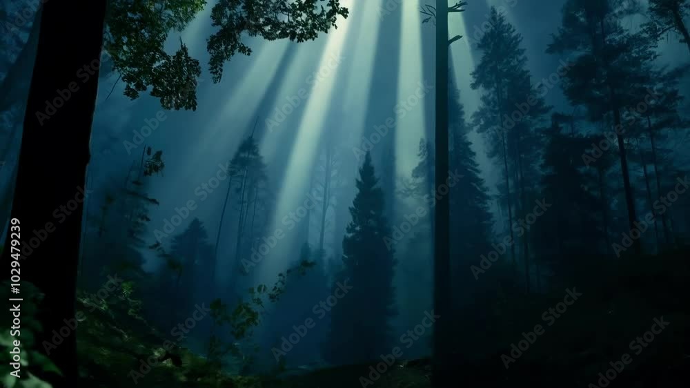 Fototapete sunlight filters through trees in a misty forest, creating a magical glow. the mix of light and fog 