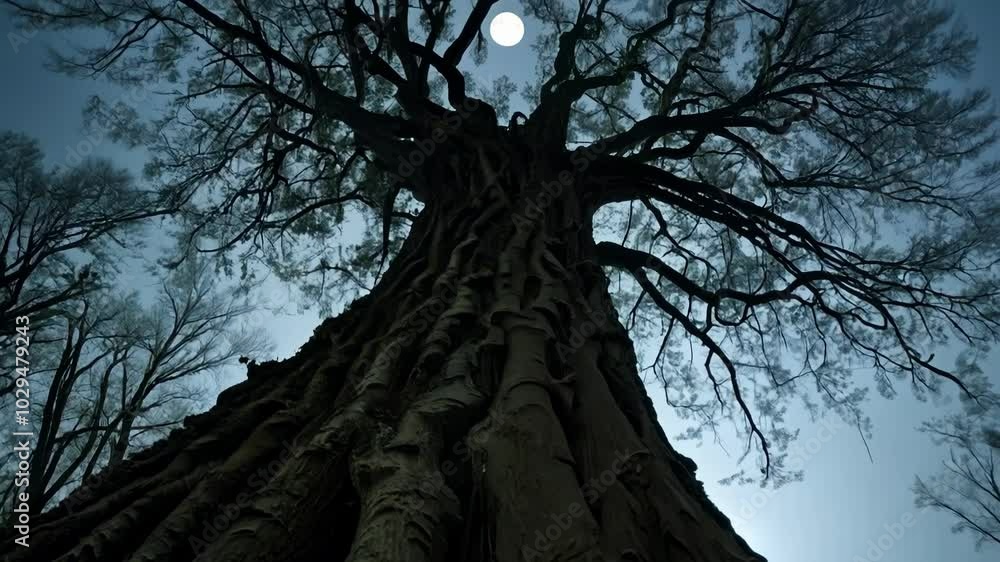 Aufkleber Captivating view of a towering tree with its massive trunk and intricate bark details, creating a sense of awe and wonder in a mysterious forest