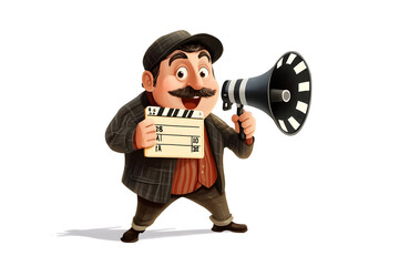  illustration of a movie director holding a clapperboard and megaphone, isolated on a white background