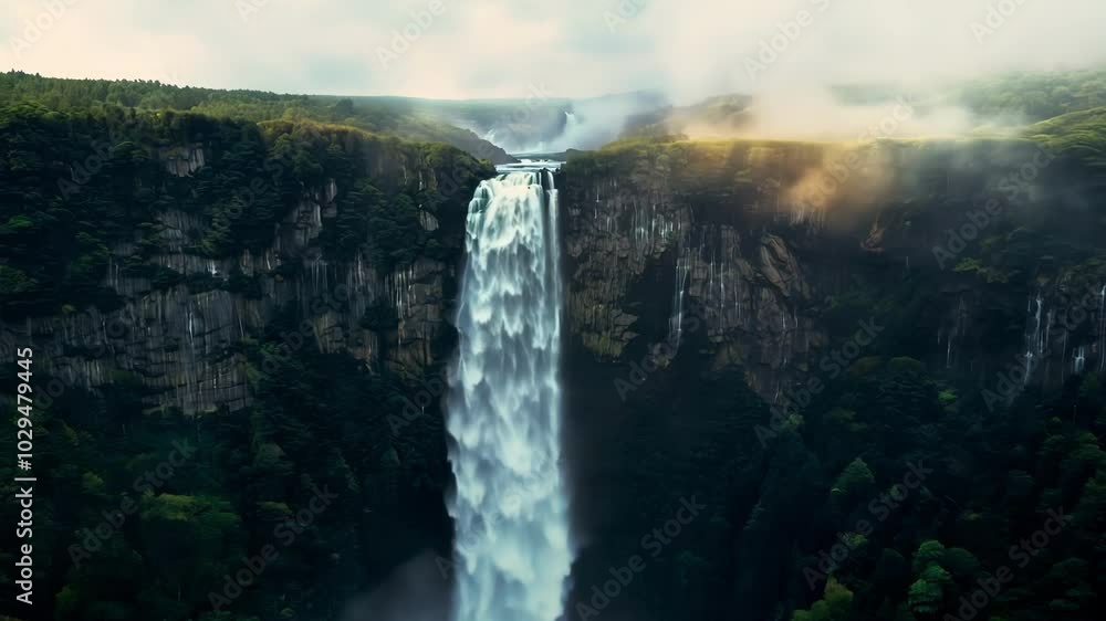 Poster sunlight illuminating the mist rising from a powerful waterfall cascading down a sheer cliff face in