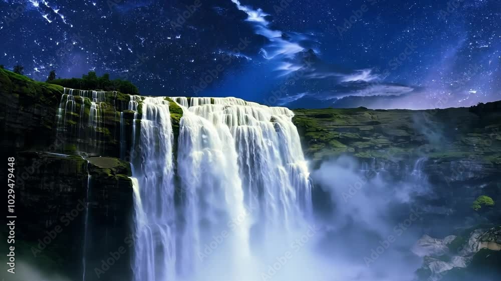 Poster water plunges over a rocky cliff, creating a misty scene illuminated by a starry night sky. the powe