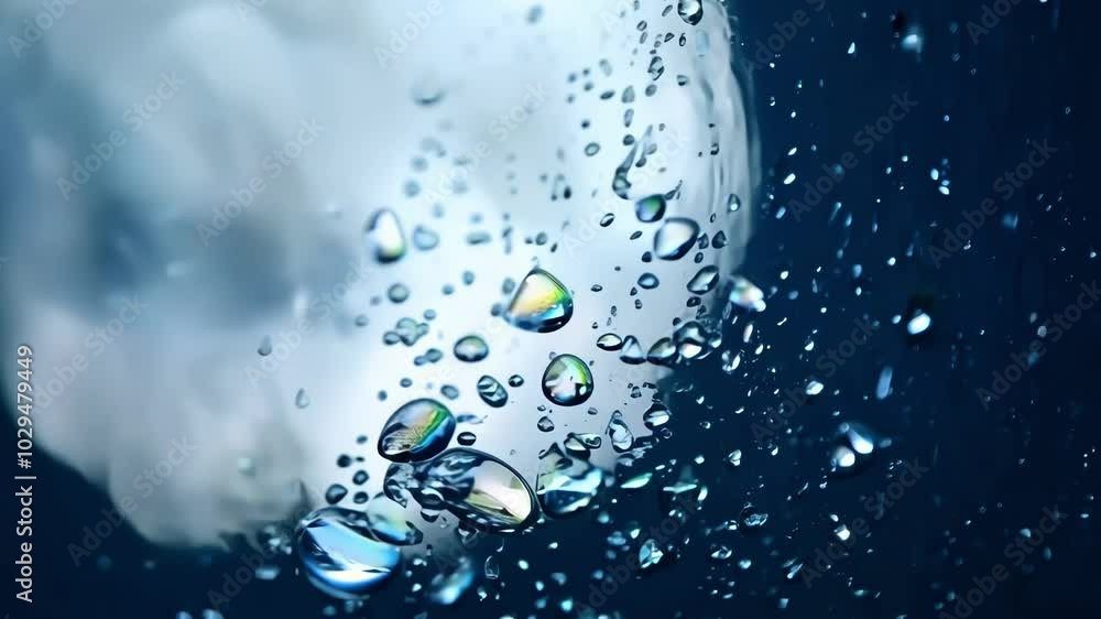 Poster Water droplets are forming on a glass surface with a blue and white background. This abstract macro image is perfect for backgrounds and textures