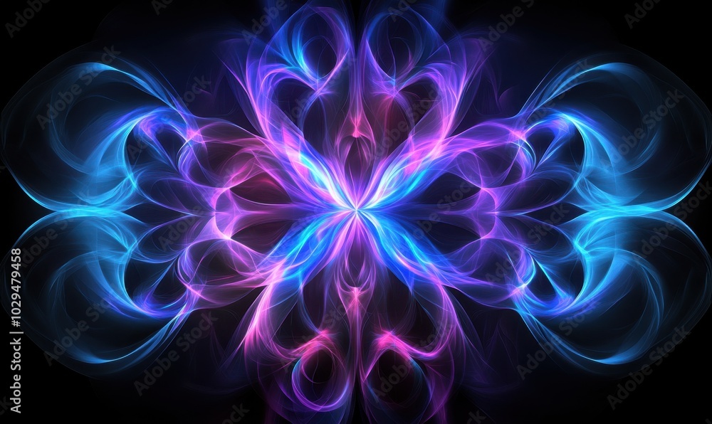 Poster black background with symmetrical neon blue and purple patterns glowing in the center generative ai