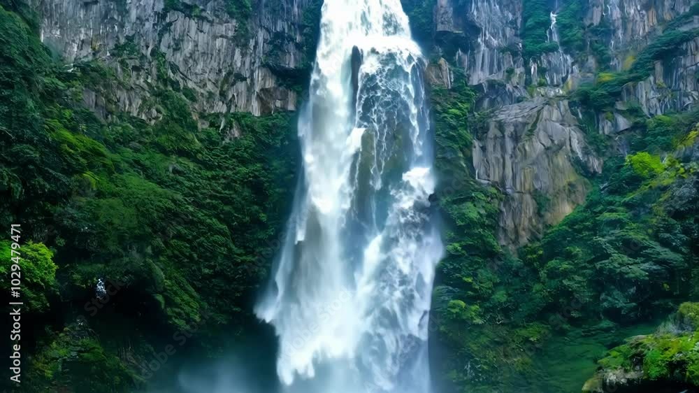 Poster powerful white water is plunging down a steep cliff surrounded by lush green vegetation. the refresh