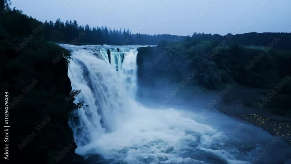 Poster powerful waterfall cascading over rocks at night. the water is illuminated by lights, creating a bea