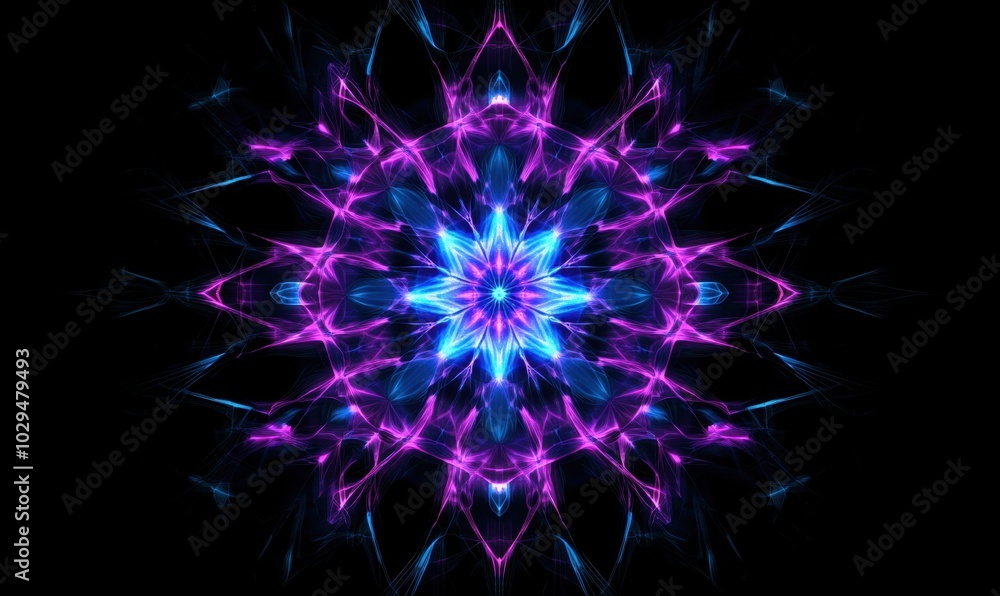 Poster black background with symmetrical neon blue and purple patterns glowing in the center generative ai