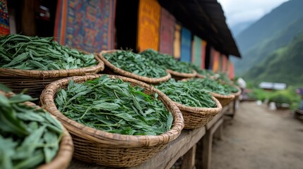 Green leaves neatly arranged in rustic woven baskets, showcasing a picturesque outdoor market scene in a mountainous region popular for its organic produce.