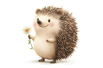 illustration of a hedgehog holding a small flower, smiling, isolated on a white background