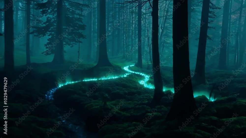 Poster Mysterious glowing path is leading through a dark enchanted forest at night, creating a magical and surreal atmosphere
