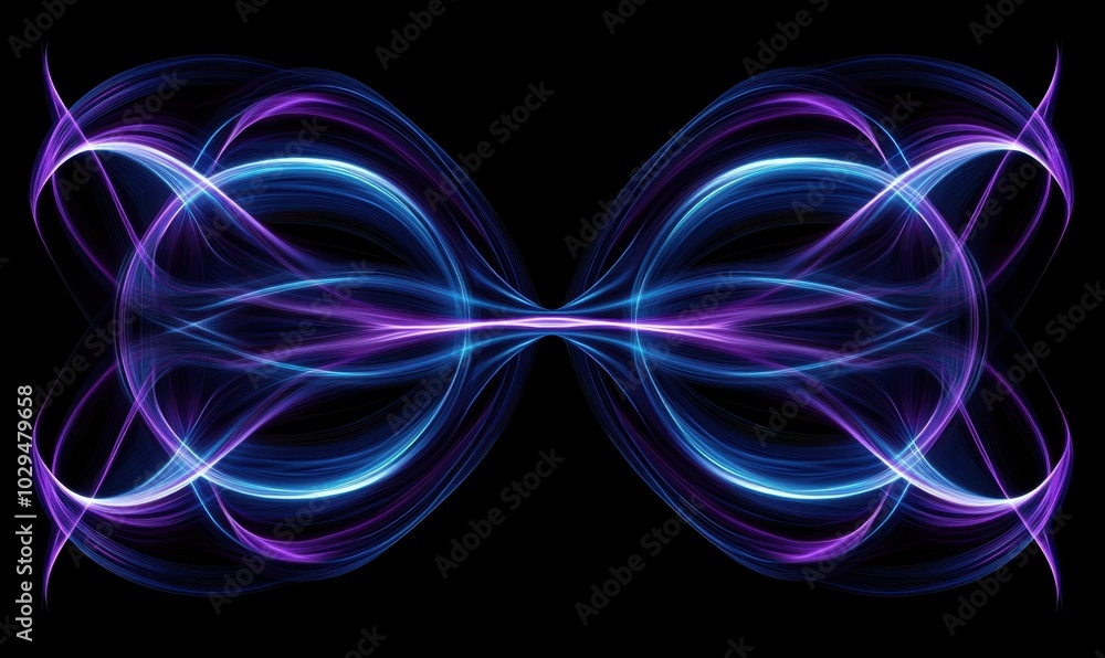 Poster abstract, symmetrical neon pattern on a black background blue and purple glowing lines form intricat