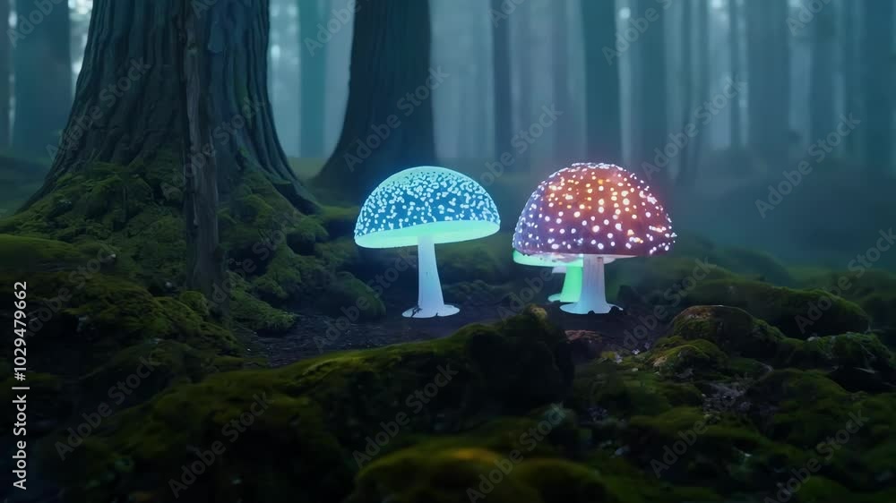 Poster three bioluminescent mushrooms are growing on a mossy forest floor, glowing in the dark and illumina