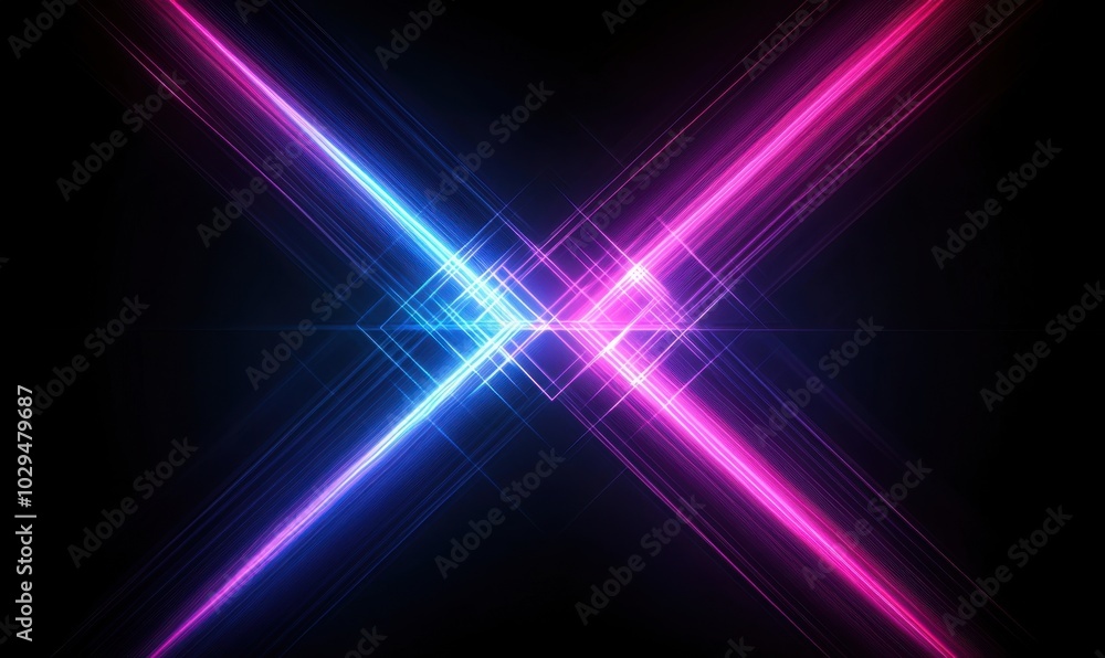 Poster abstract background with symmetrical glowing neon lines forming an intricate pattern on dark blue an