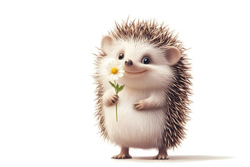 illustration of a hedgehog holding a small flower, smiling, isolated on a white background