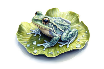 illustration of a frog sitting on a lily pad, surrounded by small water droplets, isolated on a white background