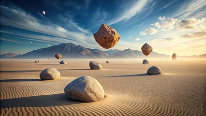 Surreal desert landscape with floating rocks, minimalist