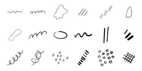 Set of trendy doodle and abstract random icons on isolated background. Big element collection, unusual organic shapes in freehand style.