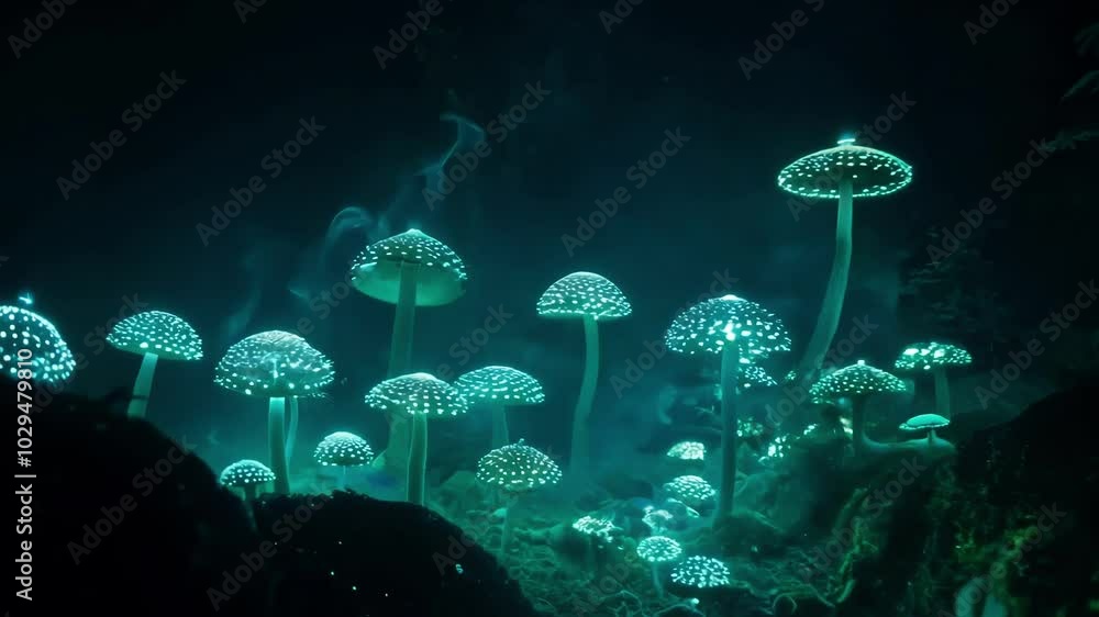 Poster glowing bioluminescent mushrooms in enchanted forest at night, casting magical light in green and bl