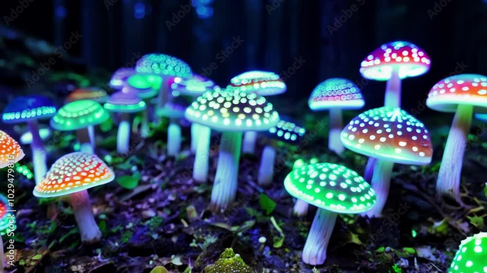 Poster group of vibrant mushrooms with glowing caps are illuminating the dark forest floor, creating a magi