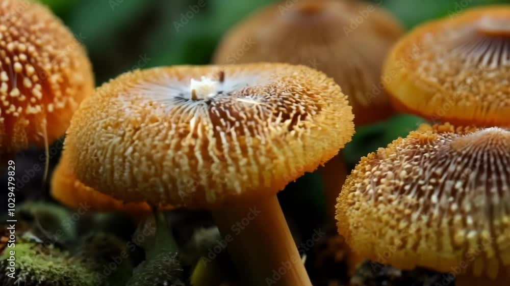 Poster close up of a cluster of mushrooms growing in a lush forest, showcasing their intricate gills and un