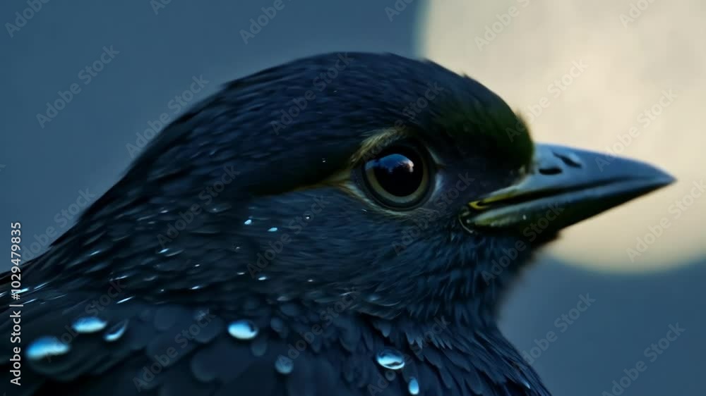 Poster close up portrait of a dark blue bird with water droplets on its feathers. the bird is illuminated b