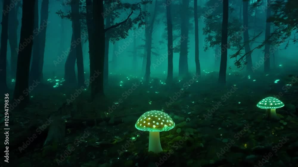 Poster Dark forest glows with mushrooms, creating a mystical atmosphere of fog and mystery