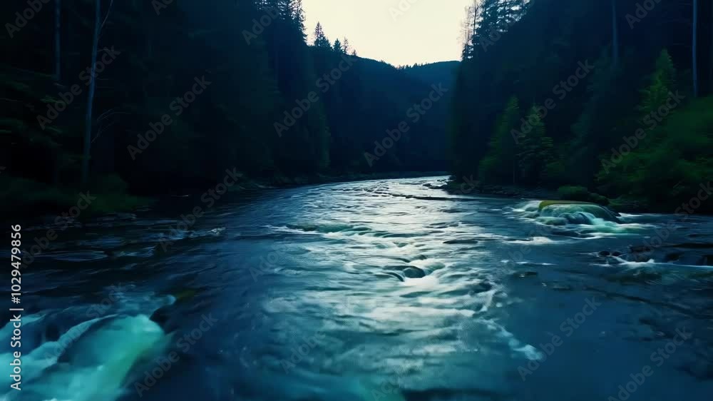 Aufkleber River rapids flowing through a deep forest at twilight, with the water cascading over rocks and creating a sense of movement and tranquility