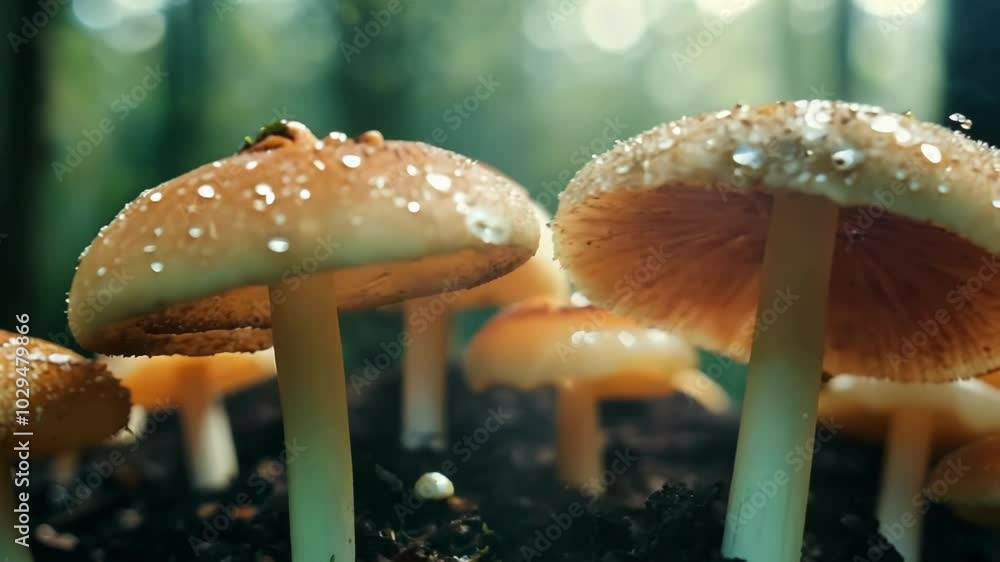 Poster Cluster of wild mushrooms with brown spotted caps growing from the dark earth of the forest floor, sunlight filtering through the trees above