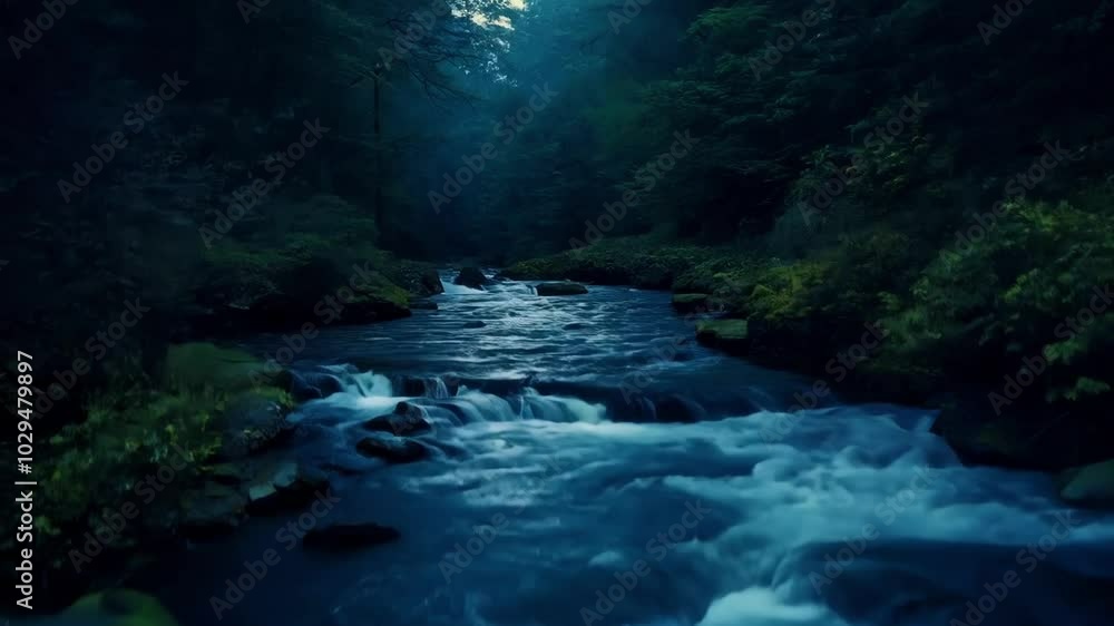 Poster tranquil river meanders over smooth rocks in a vibrant green forest, with sunlight filtering through