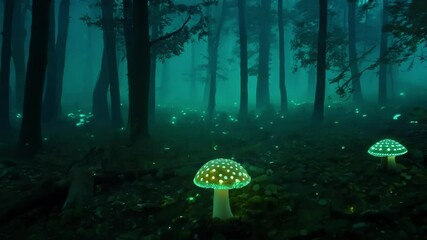 Dark forest glows with mushrooms, creating a mystical atmosphere of fog and mystery - Powered by Adobe