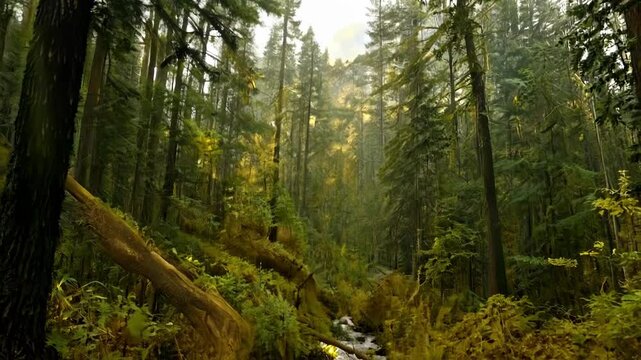 Explore the serene, misty pacific northwest rainforest with towering trees and lush greenery bathed in sunlight and fog