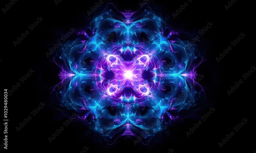 Poster abstract background with symmetrical glowing blue and purple patterns on black generative ai
