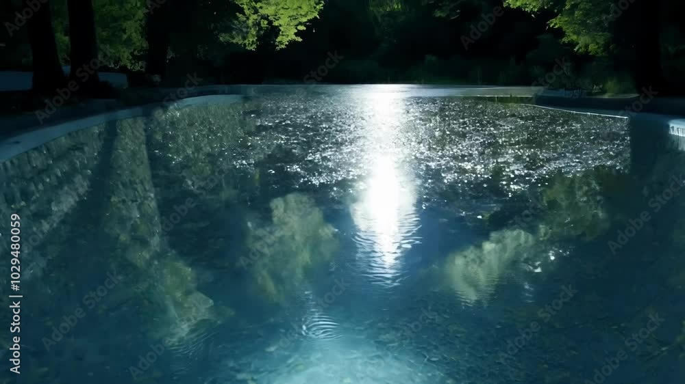 Poster Light from a submerged source illuminates the water from below, creating ripples on the surface that distort the reflection of the sky