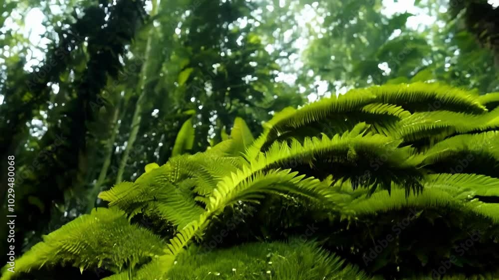 Poster lush green moss is covering rocks in a shady forest after recent rainfall. the verdant flora creates