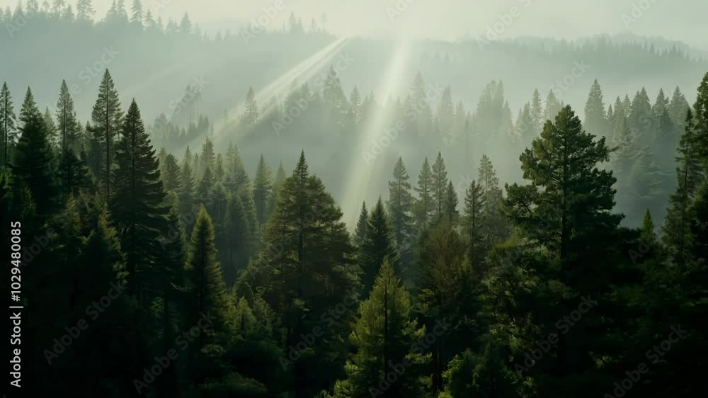 Poster morning sunlight shining through a misty pine forest, creating a magical atmosphere. the fog is ling